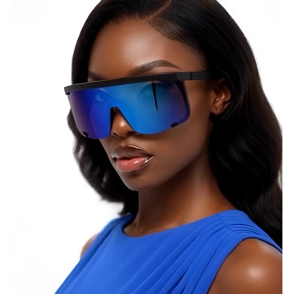Women Ladys Shield Sunglasses Visor Blue Mirrored Lens Sporty Futuristic Cyclops